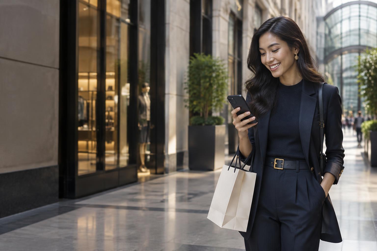 Shopper browsing on her phone at a city retail arcade